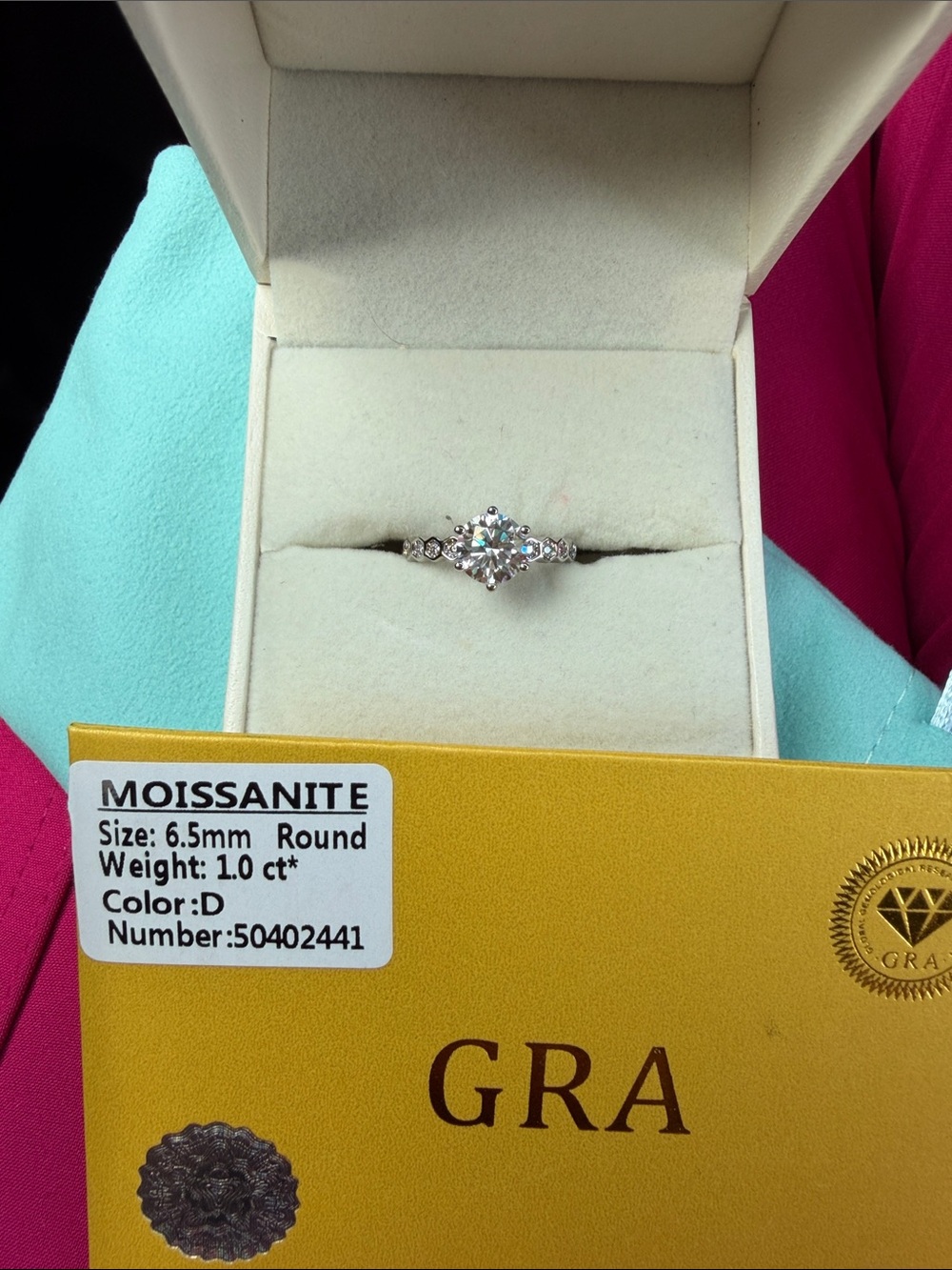 Moissanite Round Solitaire Ring in White/Silver with Side Accents